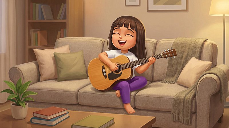 A young child with straight dark hair sits barefoot on a beige sofa in a cozy living room, smiling while playing an acoustic guitar. The sofa is decorated with green and beige cushions and a green throw blanket. Behind the child is a wooden bookshelf filled with books and a lit floor lamp. A small plant and a few closed books rest on a wooden coffee table in the foreground, with framed pictures hanging on the wall in the background.