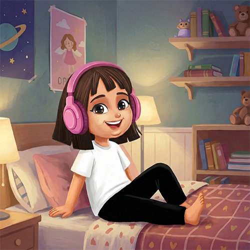 A happy young girl sits on a bed with a pink patterned quilt, wearing a white shirt, black pants, and large pink headphones. The bedroom background features a shelf with books and toys, and posters of a planet and a fairy on the wall.