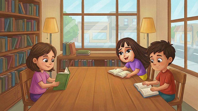 ABBY IN LIBRARY WEB Three children sit around a large wooden table in a library filled with bookshelves and large windows. On the left, a girl reads a green book; in the center, Abby smiles while holding an open book; and on the right, a boy reads a blue book.