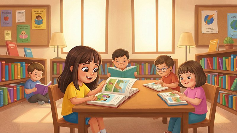 Five young children sit around a wooden table in a bright classroom or library, each reading a colorful book. Bookshelves, educational posters, and large windows fill the background, creating a warm, inviting learning environment.