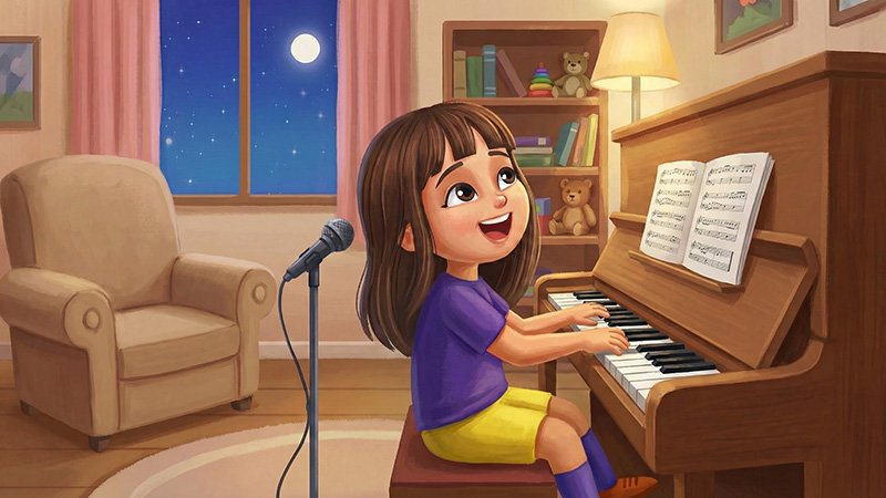 A young child with shoulder‑length brown hair plays a piano in a cozy room at night. The child is smiling and singing into a microphone on a stand, wearing a purple shirt, yellow shorts, and purple socks. The room includes a large armchair, a window showing a starry night sky with a full moon, a bookshelf with toys and books, a floor lamp, and framed pictures on the wall, creating a warm and cheerful atmosphere.