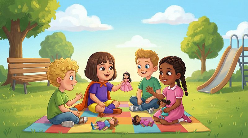 Four children sit together on a colorful checkered blanket in a park, smiling and playing with dolls. The scene includes green grass, trees, a wooden bench, and a slide under a bright blue sky with fluffy clouds. Additional dolls are placed on the blanket, creating a cheerful moment of friendship and outdoor play.