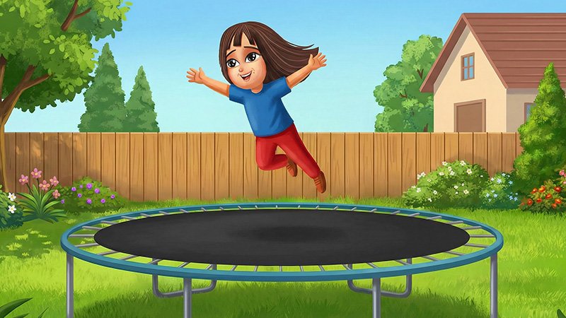A cheerful young girl with brown hair, wearing a blue shirt and red pants, jumps high in the air above a large trampoline in a sunny backyard with a wooden fence.