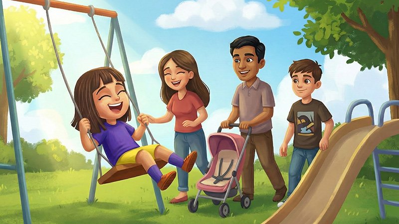 A joyful family at a sunny playground: a young girl laughing on a swing, a woman smiling beside her, a man pushing a pink stroller with a baby, and an older boy standing near the slide.