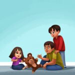 A smiling young girl sits on the floor playing with a brown teddy bear. Next to her, a seated boy gestures warmly toward the bear, while another boy stands behind them, smiling down at the girl.