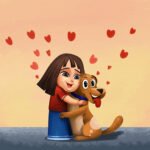 A happy young girl in a red shirt and blue skirt lovingly embraces a brown dog whose tongue is playfully hanging out. Several red hearts float in the air above them against a warm yellow background.