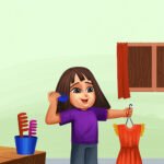 A smiling girl holds a blue comb near her brown hair with one hand, and holds out a red dress on a blue hanger with the other. A cup filled with more combs sits on a table beside her.