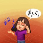 A young girl with her eyes closed smiles happily and points to her head. Blue musical notes float in the air next to her, and a thought bubble above her head contains more black musical notes.