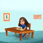 A young girl wearing a blue dress sits at a wooden table, smiling as she writes in an open notebook with a blue pencil. A framed drawing of a green robot hangs on the light blue wall behind her.