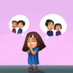 A young girl stands with her hands clasped and eyes closed. Above her head are two thought bubbles: one showing two smiling boys, and the other showing a smiling man and woman.