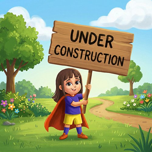 A smiling young girl wearing a red superhero cape, a blue shirt, and yellow shorts stands in a sunny, grassy field holding up a large wooden sign that says "UNDER CONSTRUCTION" in black letters. A dirt path, flowers, and trees are in the background.